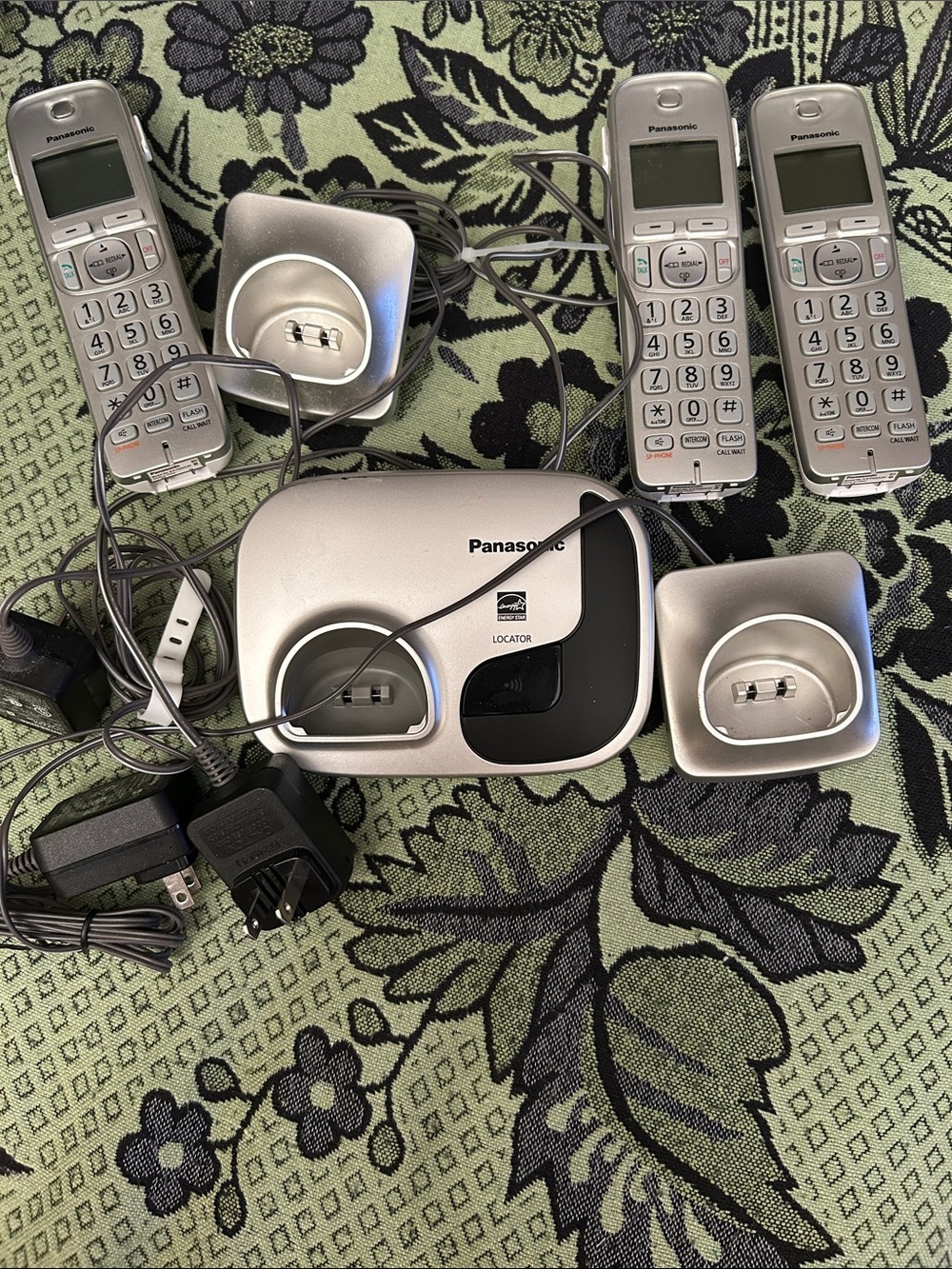 Panasonic Silver Cordless Phone Set with Three Handsets and Chargers